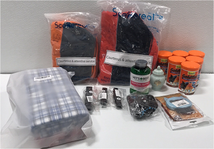 (6) Goldfish Food, (2) Dog Coats: M and L, Cage Liner, Pet Combs, XXS Harness, (3) Collars: S, S, M, Seasonal Allergy Support for Dogs, Pet Urn