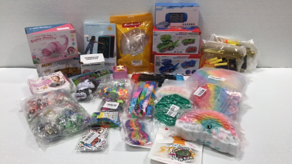 (2) Deform Dinosaurs, (2) Foam Dart Guns, (2) Bubble Gun, LCD Pad, Horse Toy Figures, Littlest Pet Shop Cat, Fidget Poppers and Toys, Toy Cars, Stickers and more