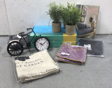 (2) Digital Picture Frames, Neon Pink Cloud Light, (3) Artificial Plants, Bike-Shaped Clock, Moon and Garden Tapestry, Pillow Covers, “Victory or Valhalla” Flag