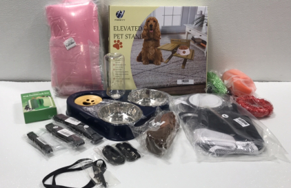 Elevated Pet Stand, Car Seat Cover, Pet Food and Water Dish, Dog Toothbrush, (3) Collars: S,M,L, (3) Toys, Dog Bone, (3) Dog Whistles, Dog Travel Set