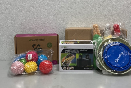 (1) Earth Rated Dog Waste Bags, (1) Box of Dog Toy Balls, (1) Repti Zoo Nano Dual Dome Laml Fixture, and more