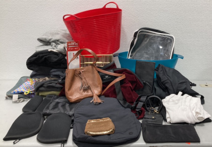 Various Womens Purses and Bags, Womens Sports Bras, Womens Sweatshirts, Brass Colored Baskets, Luggage Tag + Others