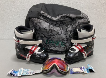 (1) Pair Dalbello Snowboard Boots, (1) Pair Smith Snow Goggles, (1) Dakine Backpack