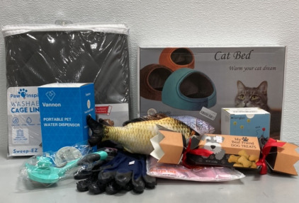 (1) Cat Bed, (1) Paw Inspired Washable Cage Liner, (1) Vannon Portable Pet Water Dispenser , (2) Fish Cat Toys, and more