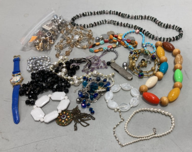 Various Costume/Craft Jewelry… Necklaces, Bracelets, Watches, Cufflinks, Foldable Bifocals +