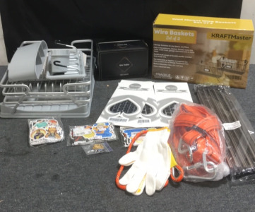 (1) Multi Tier Dish Dryer Rack (1) Climbing Harness With Gloves (300) Animev Stickers (3) Allinside Keyboard Skins (1) Stainless Steel Sunk Dish Drying Rack (2) Wire baskets for storage (1) Wine Tumbler