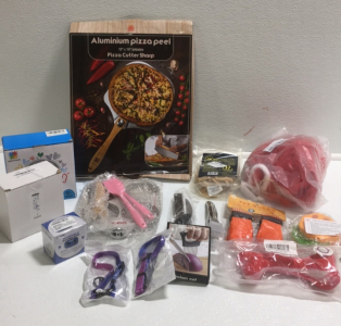 (1) Spoontiques Hummingbird Wind Chime (1) Woofheld Rechargeable No Bark Collar (1) 12&rdquo; x 14&rdquo; Aluminum Pizza Cutter Tray (1) Omlet Pan (2) Size Small Pet Collars (1) Onion Cutter Set (1) Pair Pet Socks And More!