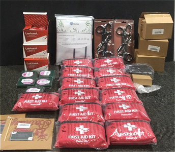 (13) 100-Piece Protect Life First Aid Kits (5) Handmade Necklaces (90) Lactosat packets and More