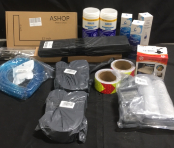 (2) O2 16” Folding Brackets (3) 6” x 12” Ashop Shelf Brackets (12) 2” x 72” Sackorange Sanding Belts (2) Rolls Of Caution Tape (1) 2-Way Electric Air Pump (2) Packs Of Gonzo Disinfectant Wipes (3) Glacialpure Refrigerator Filters