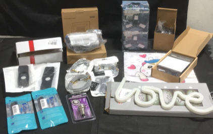 (2) LED Deformable Light (1) USB Telephone Headset Adapter (1) 14” Neon Love Sign (2) 20W LED flood Lights (1) Pokémon 3D Illusion Lamp (1) Streetglow LED Brake Light Buld (4) Phone Chargers And (2) Eyeglass Repair Kits