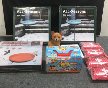 (3) All Seasons Heated Bird Bath (4) 100-Piece First Aid Kits (1) Solar Powered Fox Trail Guard (1) Magnifeco 148-Piece Building Set