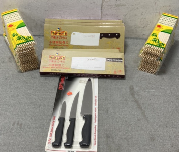 (22) Sets Of Chop Sticks, (3) Stainless Steel Boning Knives (2) Stainless Steel Vegetable Knives (1) Three Piece Knife Set