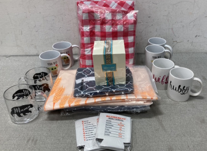 Coffee Mugs, Table Cloths, Scented Candle And Cup Cozies