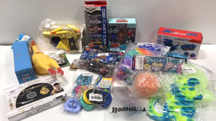 (2) Foam Dart Guns, Tom & Jerry Figures, Die-Cast Cars, Zombie Figures, Harry Potter Keychains, Fidget Poppers and Toys, Deform Dinosaur, Sonic the Hedgehog Pencil Pouch, Rubber Chicken
