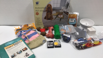 Elevated Pet Stand, Pet Comb, Cat Bowl, (2) Cat Toys, (3) Dog Chew Toys, (2) Customizable Tags, Dog Coat and Outfit, Cat Carrying Bag, Small Dog Booties, Small Dog Harness and Leash, Grooming Gloves