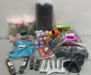 (2) XL Dog Life Jackets, (1) L Dog Life Jacket, (1) Dog Car Bed, (1) M Comfort Dog Harness, (1) L AirTag Dog Collar, (4) Cat Laser Sticks, (24) Small Dog/Cat Balls, (2) Large Dog Collars, (2) Medium Collars, + Orhers