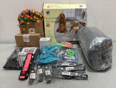 (1) Dog Car Seat Bed, (1) Foreyy Elevated Pet Stand, (3) Kintor Cat Toys, (2) Magic Gates, (3) Large Dog Collars, (2) Medium Dog Collars, (1) Small Dog Collar, (1) Leash, (2) Pet Hair Removers +