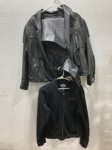 (1) Leather Jacket Roses/Tassles Women&rsquo;s Large, (1) Harley Davidson Womens Riding Shirt Large, (1) Set Leather Interstate Chaps Medium