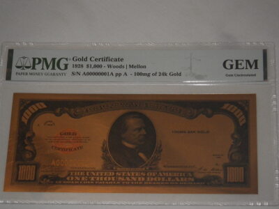 PMG Gem 1000 Gold Certificate, NOT AUTHENTICATED