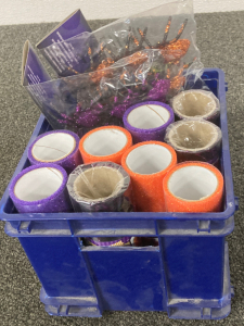 Box of Halloween decorations