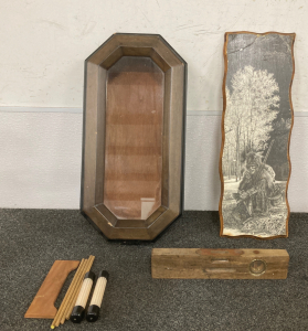 Display Case, Vintage Wood Level And Painting