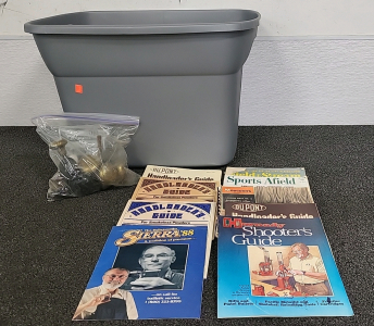 Tote of Assorted Books and Vintage Door Handles