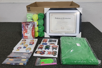 Box of Assorted Decorations, Diploma Frame, Avengers Balloons,