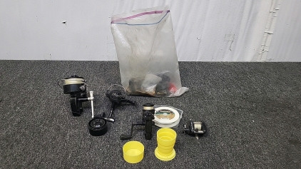 Assorted Fishing Reels, Fishing Line, Colapsable Cup, Etc