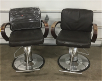 (2) Kaemark Brand Adjustable Espresso Color Barber Chairs With Metal Bases