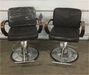(2) Kaemark Brand Adjustable Espresso Color Barber Chairs With Metal Bases