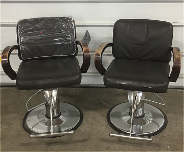 (2) Kaemark Brand Adjustable Espresso Color Barber Chairs With Metal Bases