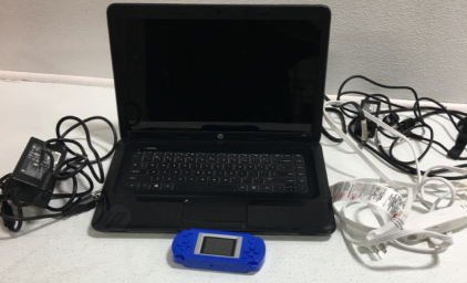 16in Hp Laptop, extra power cords, retention cord & mini handheld game system