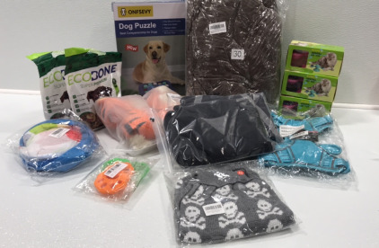 (3) Cat Toys, Pet Bed, (2) Rope Dog Toys, Dog Puzzle, (2) Eco Bone Treats, Small Animal Tunnel, (2) Dog Coats, Dog Sweater, Dog Harness, Fur Laundry Removers