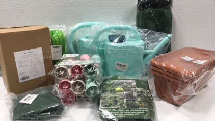 (2) Plastic Watering Cans, Birdhouse, (2) Plastic Planters, Bungee Netting, (3) Pack of 6 Self Watering Spikes, (2) Pack of 2 Fly Traps, Fabric Pots, Swing Canopy