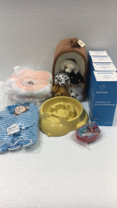 (4) Portable Water Dispensers, Plush Toy, Collar, Slow Feeder Bowl, Dog Pjs, (2) Soft Collars