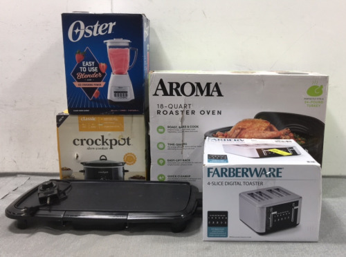 Aroma 18qt Roaster Oven, Oster Blender, Crockpot 4qt Slow Cooker, Farberware Digital Toaster, Electric Griddle