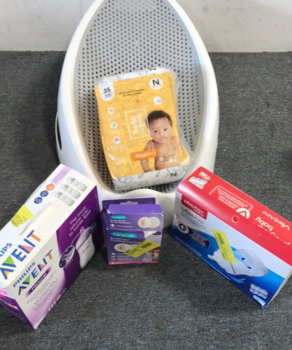 (2) Bottles, Soothie Gel Pad, Premium Diapers, Angelcare Baby Bath