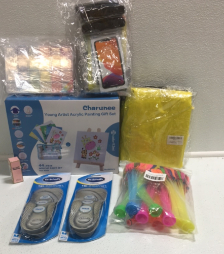 (1) Slip and Slide (1) 8-piece Waterproof Phone Pouch (1) Charunee Childrens Paint Set (1) Magic Water Balloons (2) Dr.Scholl’s Shoe Inserts