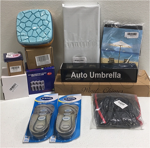 (1) LED Flood Lights w/ Remote (1) Massage Ball (1) Climbing Gear (1) Ultrasonic Pest Repeller (1) Auto Umbrella