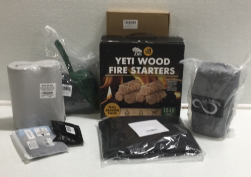 (1) 12-pieces YETI Wood Starters (1) Live Infinetly Rain Fly (1) Geneics Patio Heater (1) 2-pack Microfiber Cleansing Wipes (1) Bushcraft Gear for Survival Tools for Backpacking and Camping