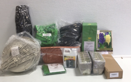 (2) 12-pack Seed Starters (1) Neem Oil (2) Expandable No Kink Garden Hose (1) Butterfly or Insect Enclosure w/ Fiber Glass Poles (1) 4-piece Garden or Ranch Fly Trap (1) 2-piece Indoor or Outdoor Plastic Planter (1) 6-piece Hyacinth Bulbs
