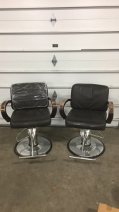 (2) Kaemark Brand Adjustable Espresso Color Barber Chairs With Metal Bases