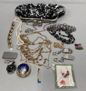 (1) Ladies Sequin Handbag, (1) Vintage Enamel Brass Cloissone Pill Trinket Box(3) Necklaces, (1) Bracelet, (3) Keychains, (1) Wallet Clip, Cufflinks+