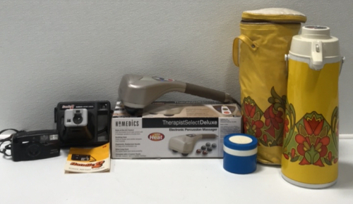 (1) Homedics Therapist Select Deluxe Electronic Percussion Massager (1) Kodak Handle 2 Instant Camera (1) Pentax Zoom 70-R Camera (1) Seeley Thermos Insulated Jar (1) Large Thermos w/ Spout and Carrying Bag