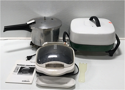 (1) George Foreman Lean Mean Fat Refucing Grilling Machine (1) West Bend Table Top Skillet (1) Presto Pressure Pot