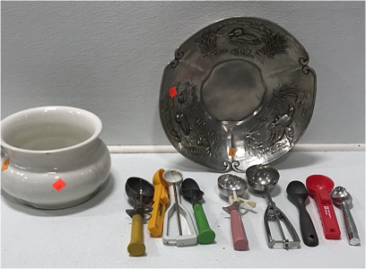 (1) Pewter Decorative Bowl (1) Ceramic Wash Bowl with Handle (9) Various Ice Cream Scoop Spoons