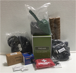 (1) Oalysam Solar Lights (2) No Kink Garden Hose (1) First Aid Kit (1) Coconut Coir Totem Poles (1) Ultrasonic Pest Repeller (1) Round Umbrella Base Weight (1) Eastern Horses Wall Coat or Hat Hanger