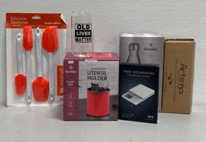 (1) Simpler.Swifter. Silicone Spatulas Set of 4 Orange and White, (1) Pink Stainless Steel Utensil Holder, (1) Timer Kitchen Scale, (1) Finedine Double Wall Stainless Steel Water Bottle, and more
