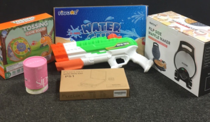 (1) Figoal Water Gun (1) Handroom Tossing Game Board (1) Metine Flip Side Waffle Maker (1) Fuzion PS1 Food/Postage Scale (1) Grace Farms Hibiscus Orange Herbal Tea