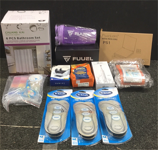 (1) Fuzion PS1 Food/Postage Scale (3) Dr.Scholls Tri-Comfort Insoles size Mens Medium (10) Universal Waterproof Phone Pouches (1) Qhou Sonic Electric Toothbrush (1) Fuuel Sports Water Bottle (1) Chuang Kai 6-Piece Bathroom Set (1) Happy Makers Beading Cra